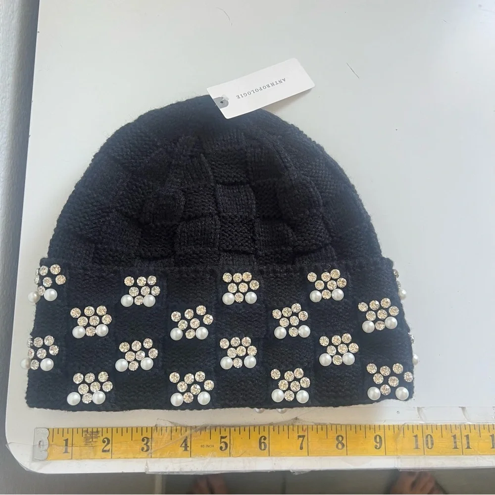 Anthropologie Maeve Checkered Crystal and Pearl Beanie - Black NWT